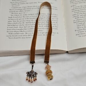 Handmade Brown Camel Color Velvet Ribbon Beaded Bookmark Tassel Charms DIY Book